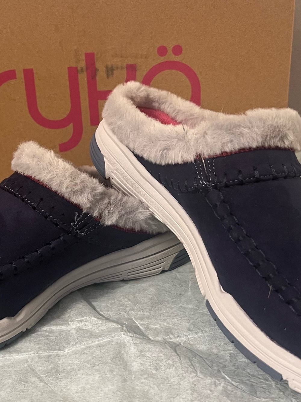 Ryka Navy Slip-On Faux-Fur Lined Mule with Pink Insole